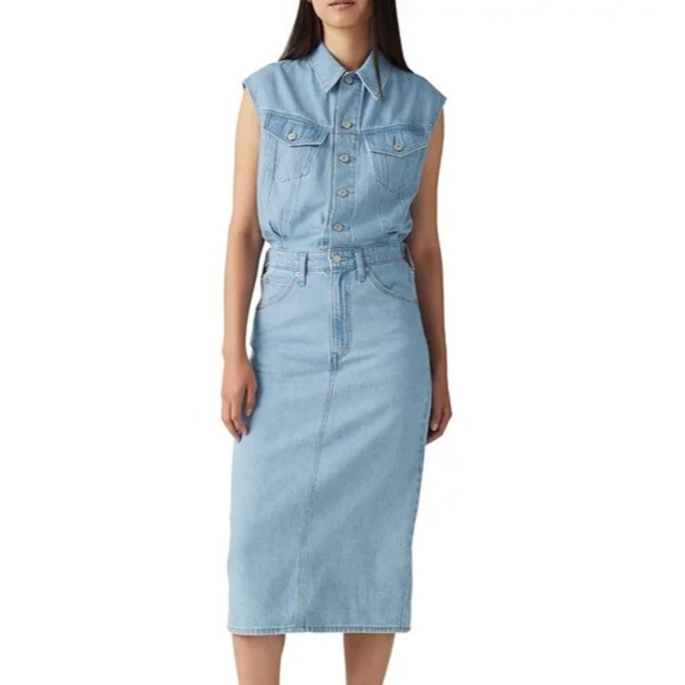 Levi's Denim Dress Women XS Blue NWT Sleeveless Midi Button Front Pockets - Picture 4 of 9